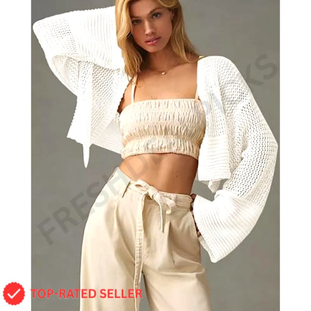 Cropped Cardigan Sweater Lightweight Open Front Knit Boho Chic Summer Outerwear - Picture 3 of 7